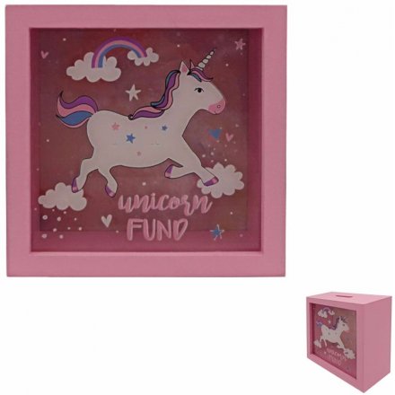 A pink and fabulous glass fronted Unicorn Funds money box. 