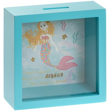 A fantastic picture box Mermaid money box in a lovely underwater aqua blue with a pretty colourful design.
