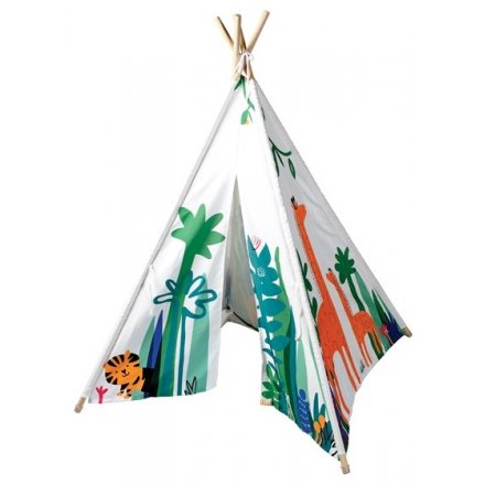 A large children's teepee with in the jungle design
