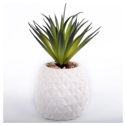 A faux succulent in a white cement pineapple pot