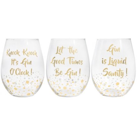   A glamorous assortment of decorated glasses, each featuring a scripted bubble text about gin 