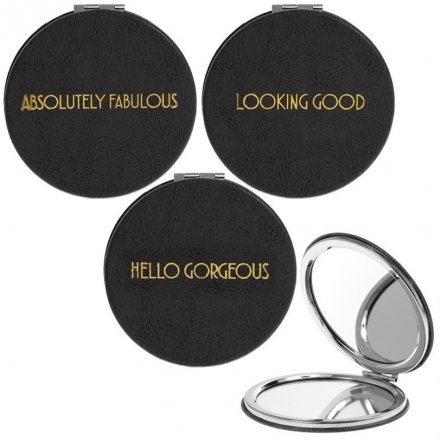 A glamorously styled black faux leather compact mirror with a chic gold assortment of quotes