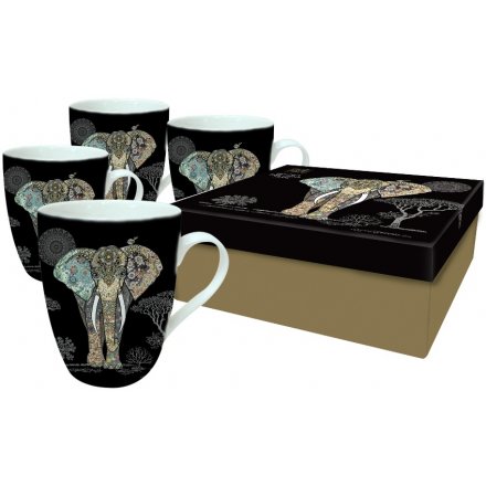 Elephant China Mugs In Box, Set Of 4