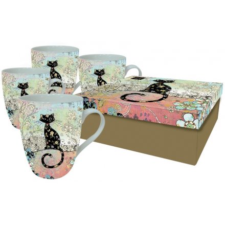 Artistic Black Cat Mugs In Gift Box, Set Of 4