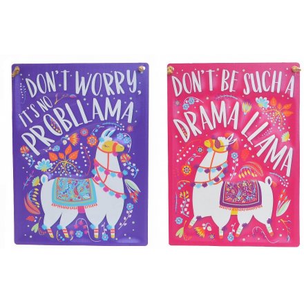 Add a sassy touch to your home decor with these quirky pink and purple Llama themed hanging signs