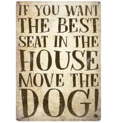 A mini metal dangler with Move The Dog slogan