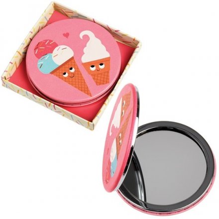A deliciously looking printed compact mirror, packed in a matching display box 