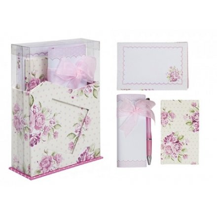 Pink Rose Letter Writing Set In Stand  