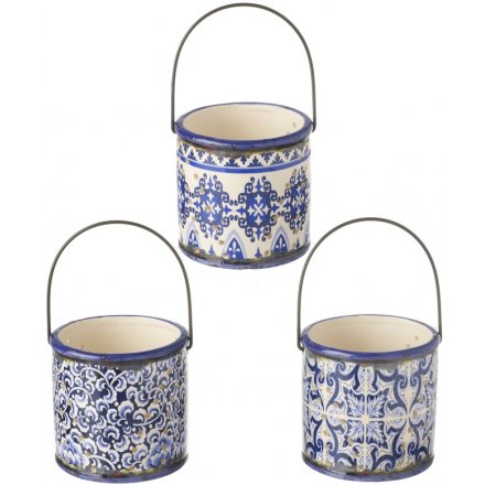 Assortment of 3 Dark Blue Ceramic Pots With Handle, 10cm