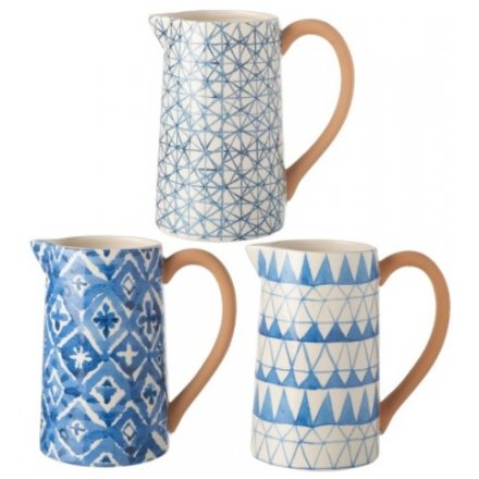 Geometric Blue Ceramic Jugs, 3 Assorted