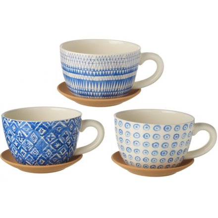 Blue Cup And Saucer Planters, 3 Assorted