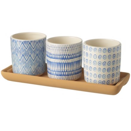 Geometric Blue Ceramic Pots with Plates