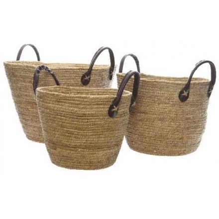 Set Of 3 Baskets With Leather Handles