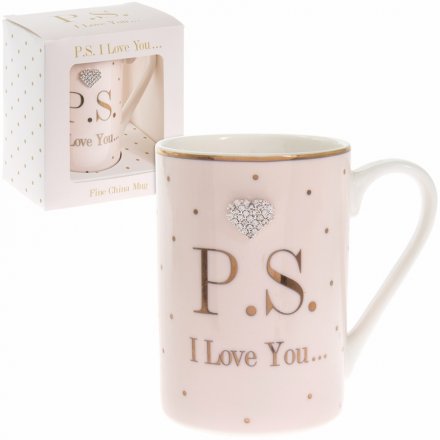 A mad dots mug featuring crystal heart & P.S. I love you text