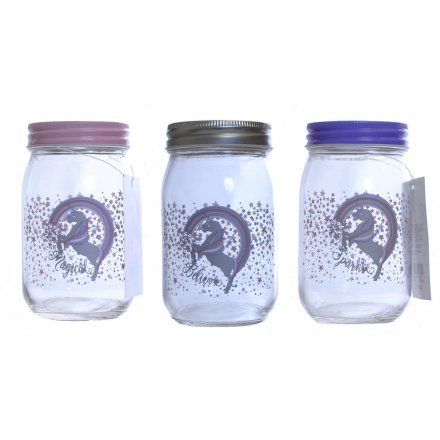An assortment of 3 unicorn themed glass money jars
