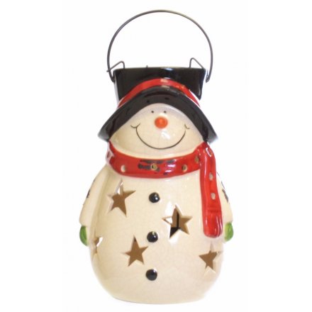 Ceramic Jolly Snowman Lantern, 24cm