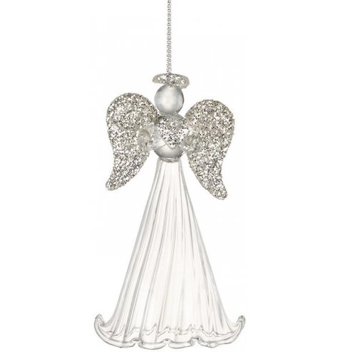 A dainty glass angel decoration with silver glitter wings, heart and halo. Complete with a silver string hanger.