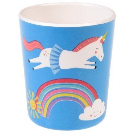 A colourful unicorn and rainbow design melamine beaker. A great gift item and fun tableware item for kids.