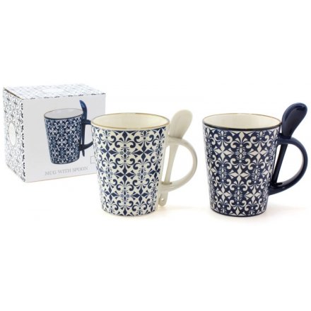 Blue & White Mosaic Mugs With Spoons, 2 Assorted