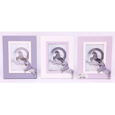 A mystical and magical themed assortment of picture frames finished with a galloping unicorn design 