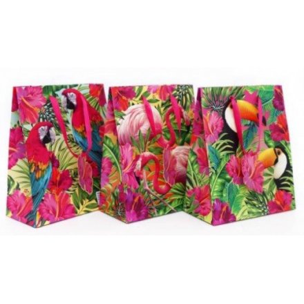 An assortment of three tropical bird themed gift bags
