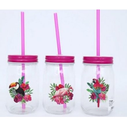  A funky summer themed assortment of glass drinking jars, each finished with its own tropical bird design