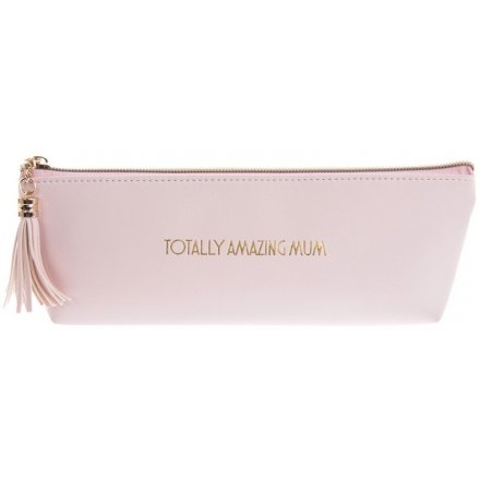 A glamorously styled pink faux leather cosmetic bag with a chic gold "Totally Amazing Mum" quote 