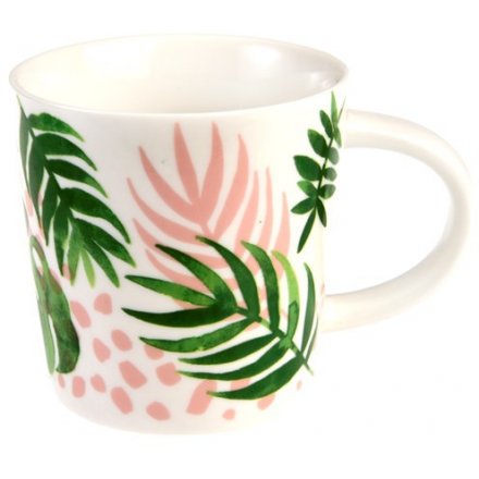 An on trend themed porcelain mug, complete with a tropical palms themed design 