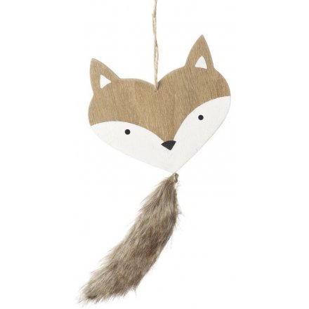 Hanging Wooden Fox with Fluffy Tail 