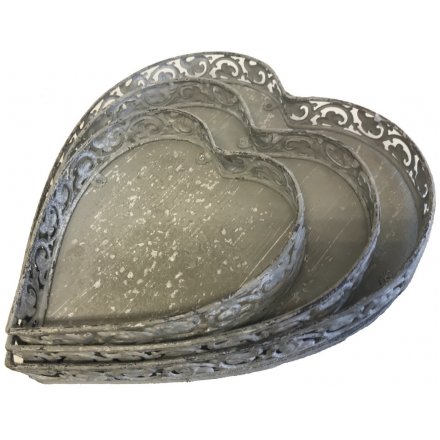 Distressed Grey Heart Trays, Set of 3