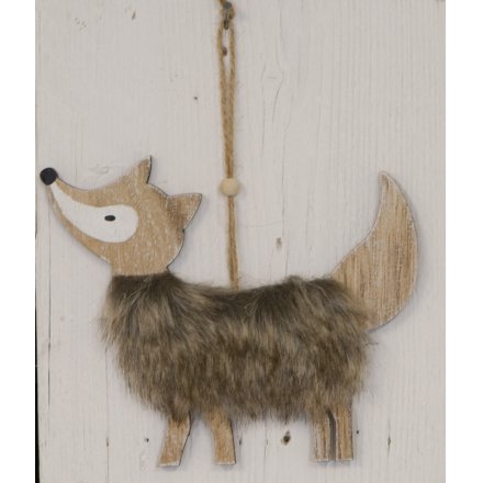 Hanging Wooden Fox with Faux Fur 16.5cm