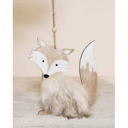 Hanging Wooden Fox with Faux Fur 