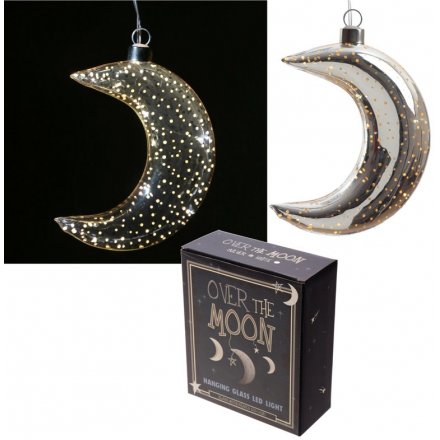 Bring a soft moonlight glow into your home spaces with this beautifully finished hanging glass LED Crescent Moon 