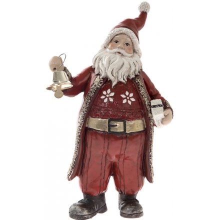 Rustic Red Standing Santa With Bell Ornament 