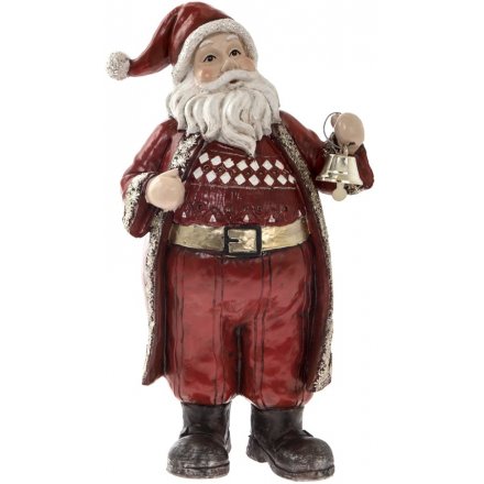 Rustic Red Standing Santa With Bell Ornament - Large 