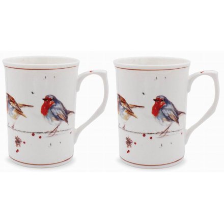 Illustrated Winter Robin Set of 2 Mugs