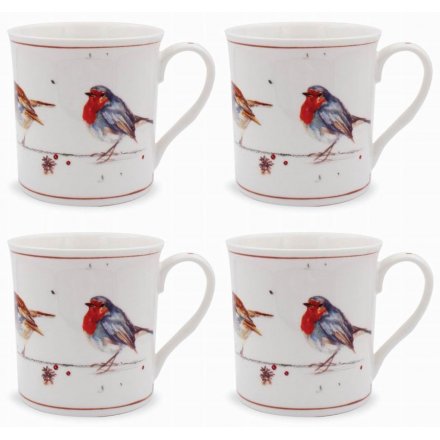 Illustrated Winter Robin Set of 4 Mugs