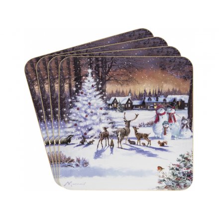 Macneil Snowman Family Coasters Set of 4  - With its beautiful orange hues and illustrated Snowman Family scene