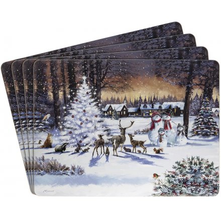 Macneil Magic Christmas Placemats Set of 4  - With its beautiful orange hues and illustrated Snowman Family scene