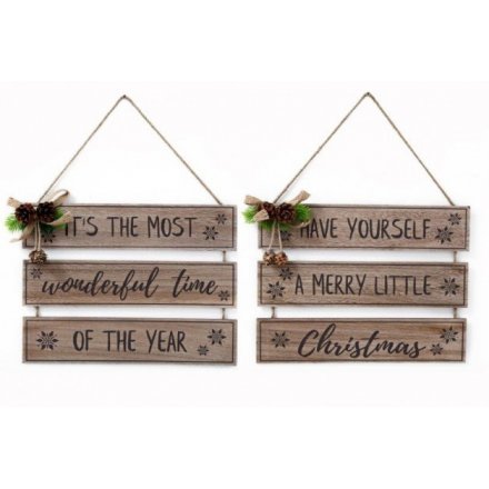 An assortment of 2 wooden hanging plaques with an added pinecone decal 