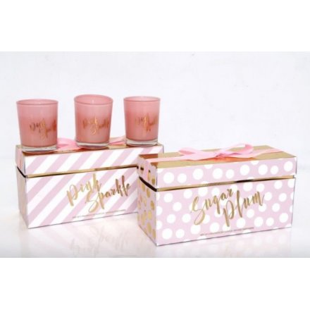 3 Pink & Gold Glass Candle Pots, 2 Assorted