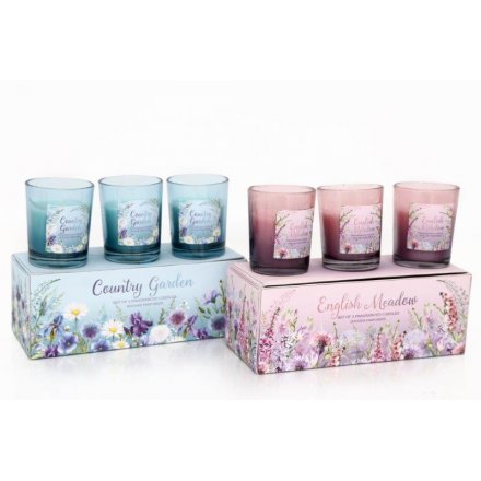 Set Of 3 Meadow & Garden Scented Candlepots In Box, 2 Assorted
