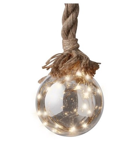A smoked grey glass bauble hung from a chunky rope hanger and filled with a warm white LED glow 