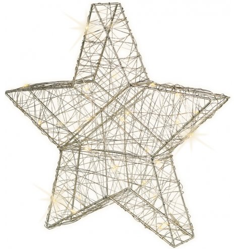 A free standing silver star wrapped with LED lights. A stunning light up Christmas decoration for the home.