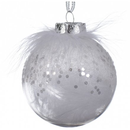 Hanging from a silvered ribbon, this sequin speckled bauble is filled and topped with a fluffy white feathe