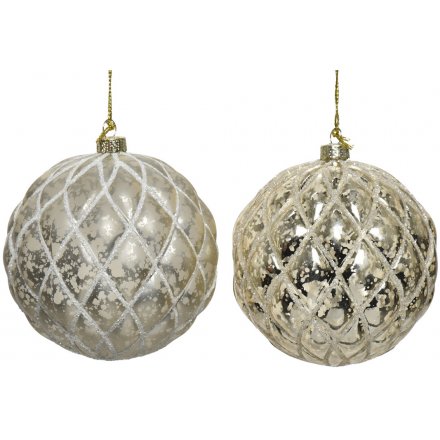 Covered in a mercury mottled effect and a glittered diamond pattern, these baubles will make a glamorous statement 