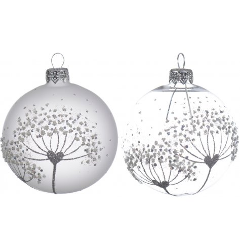 Dream of childhood wishes with these glass baubles decorated with a glitter dandelion heart motif.