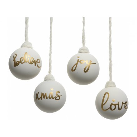 White & Gold Glass Text Baubles 