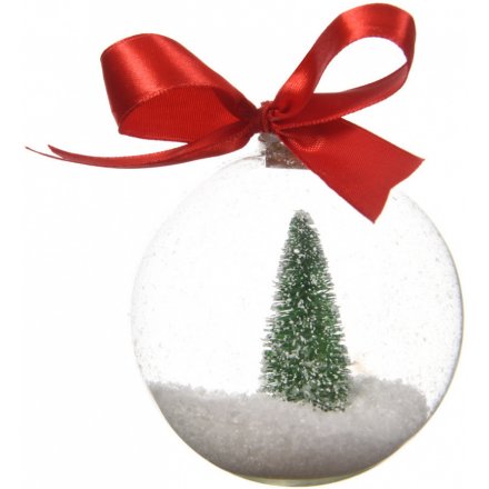 A simple clear glass bauble with an added winter scene inside, perfectly topped with a red ribbon