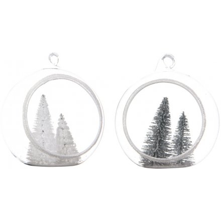  A beautiful assortment of hanging glass dome baubles, filled with a white and green winter tree scene 